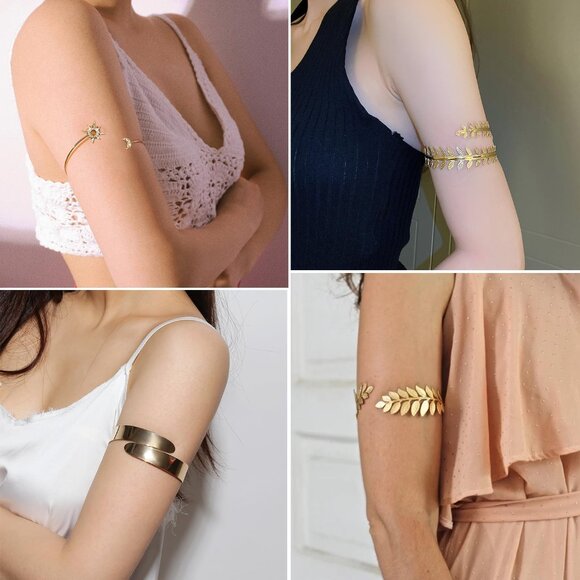 Boho Luxe 12 Pcs Upper Arm Cuffs Set - Golden Stainless Steel Bracelets - Picture 6 of 7